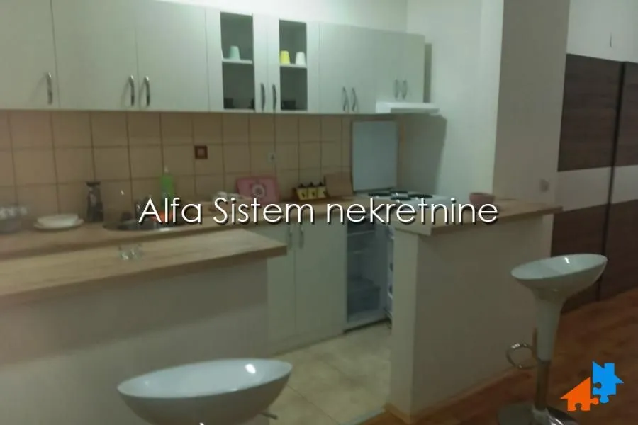 Small kitchen with cabinets and a breakfast bar in the apartment.