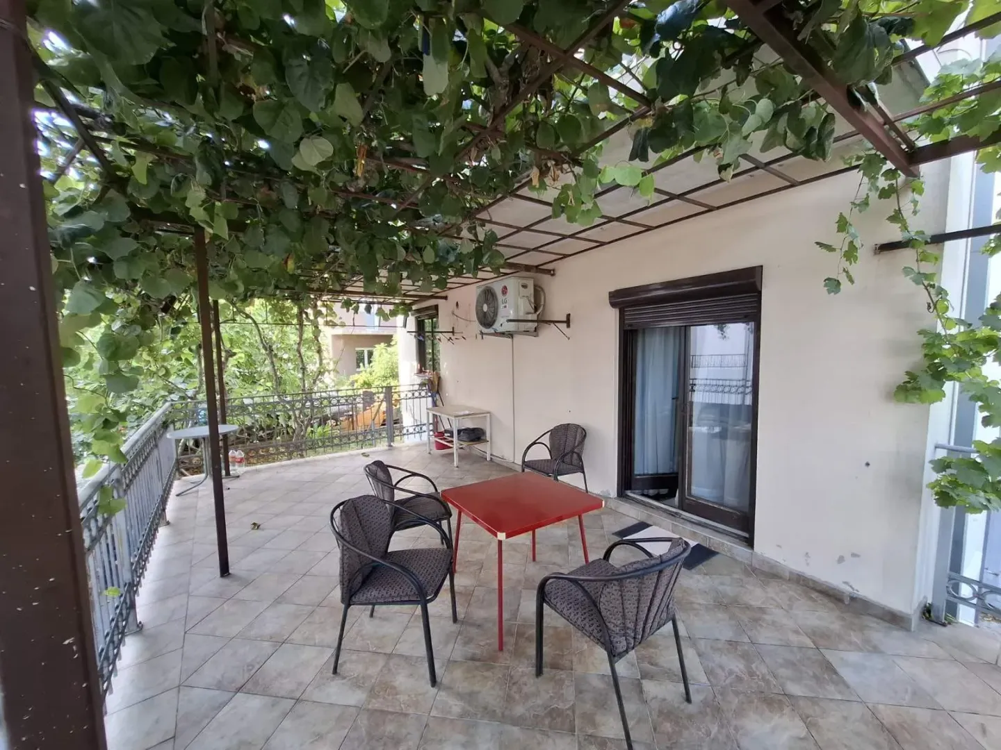 Spacious covered terrace with seating furniture and grapevines.