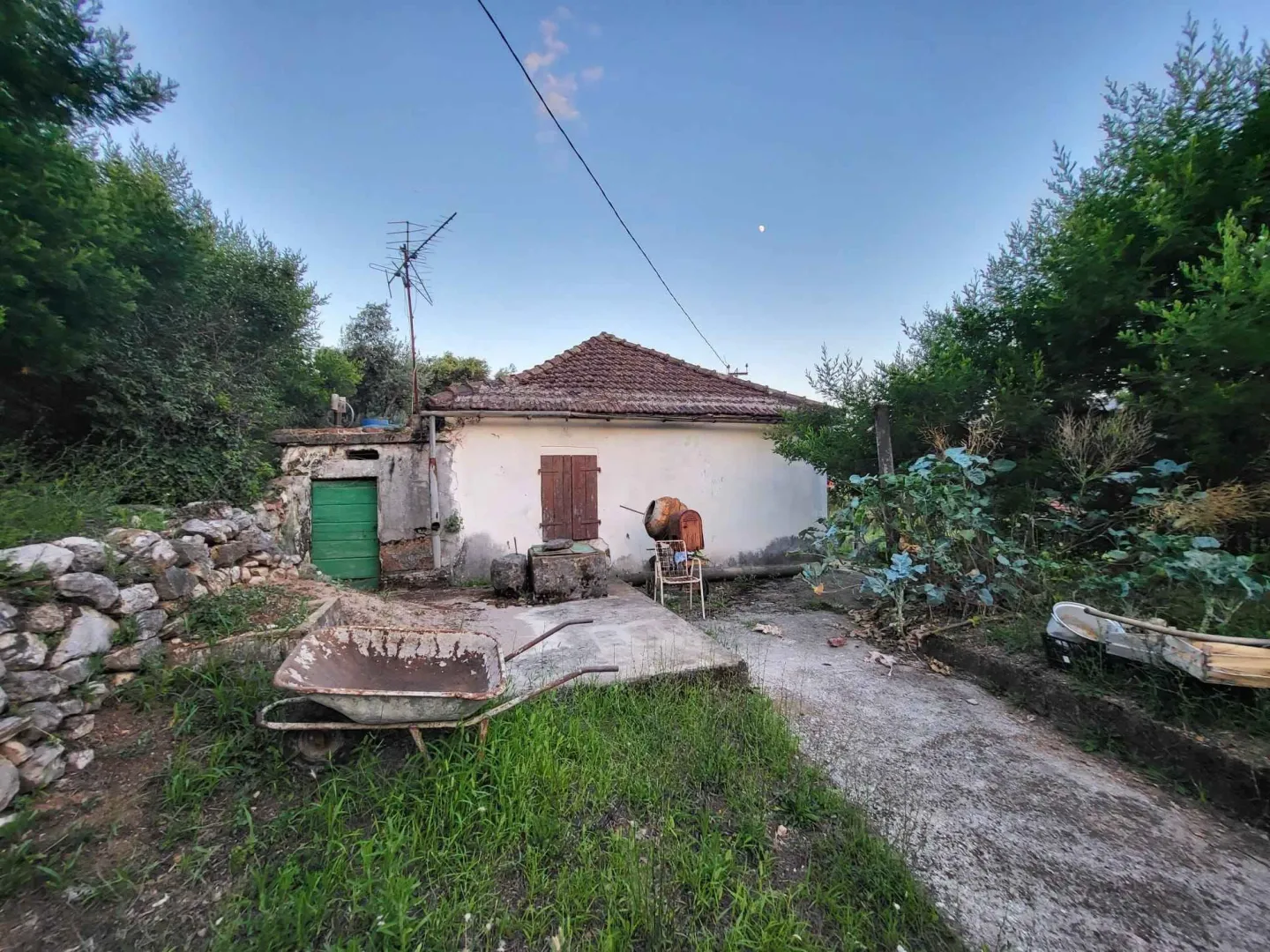 Pogled na staru kuću u dvorištu sa zelenilom.