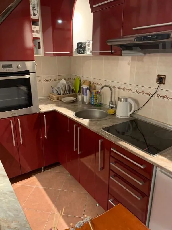 Kitchen with red cabinets, sink and built-in appliances.