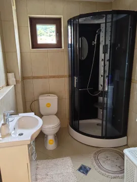 Fully equipped bathroom with a shower cabin, sink, and toilet. - image 13