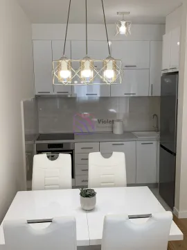 Kitchen with white cabinetry and a dining table in the foreground. - image 6