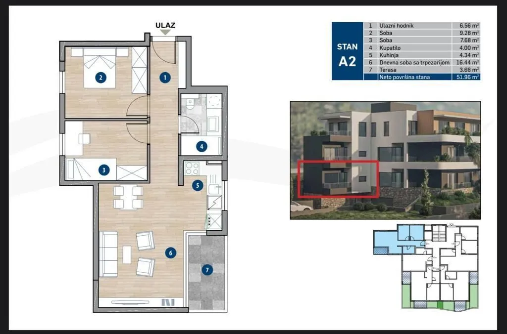 Sale, two bedroom apartment, 51m², Dobrota, Kotor