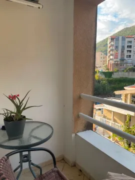 Small furnished balcony with a table and a potted plant. - image 10