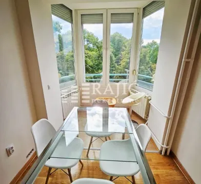 Dining area with a glass table and green views. - image 7