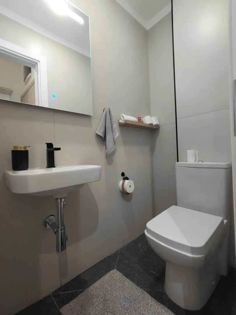 Moderno opremljeno kupatilo sa umivaonikom i wc šoljom.