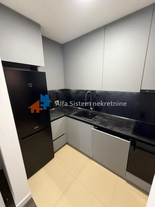 Manja moderna kuhinja sa sivim elementima i ugradnim uređajima.