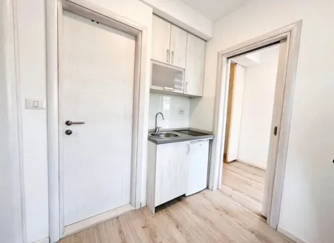 Small kitchenette in the hallway with a sink, mini fridge, and cabinets. - image 6
