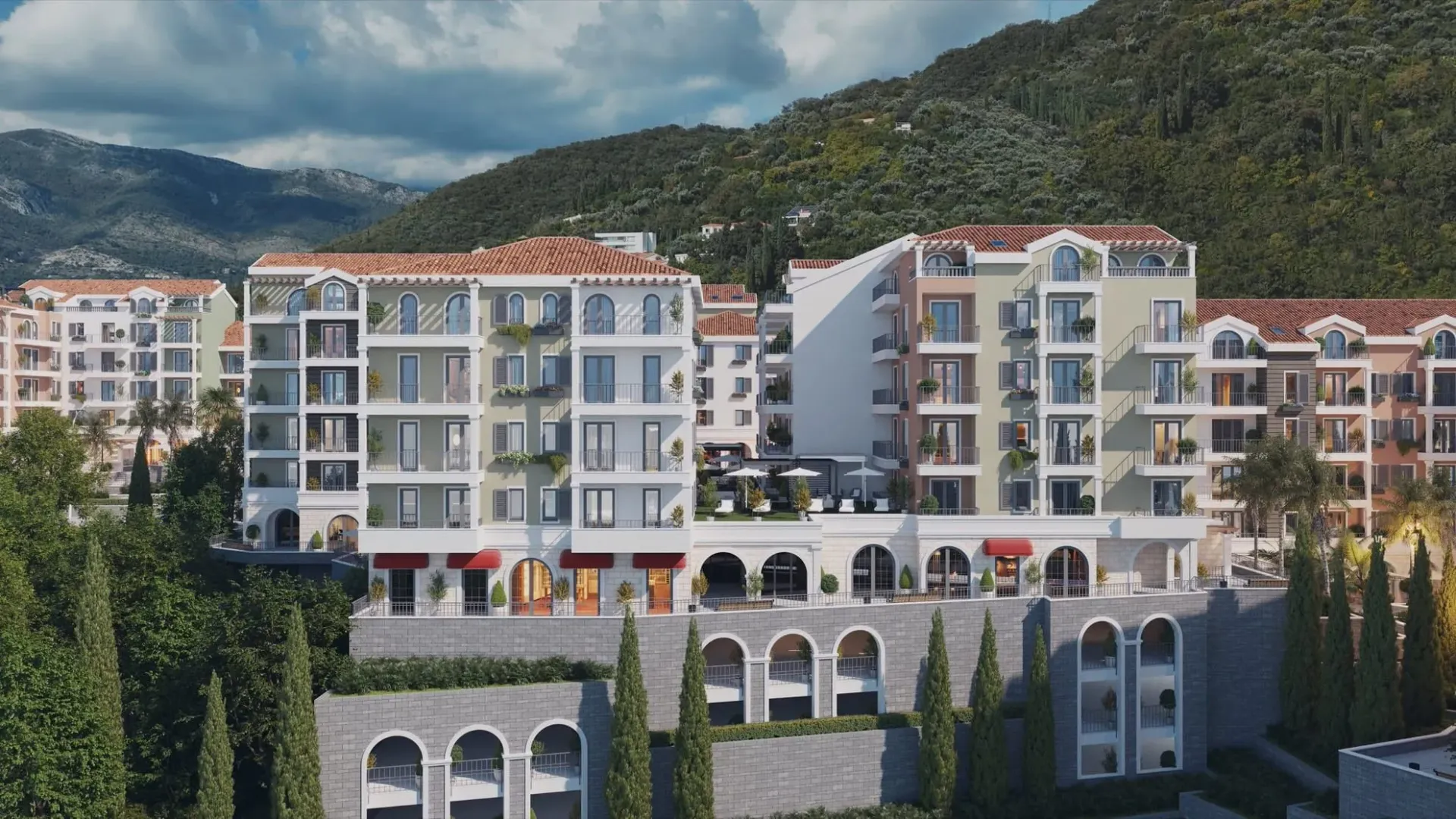 Vizuelizacija eksterijera stambenog kompleksa u mediteranskom stilu.
