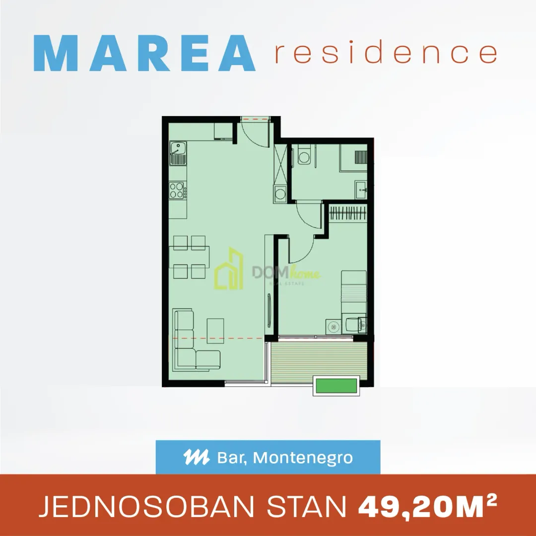 Floor plan of a one-bedroom apartment showing room layout.