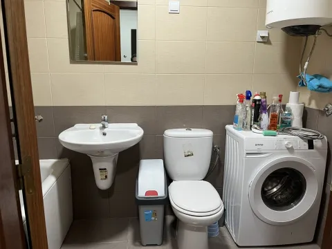 A bathroom with a sink, toilet, and washing machine. - image 5