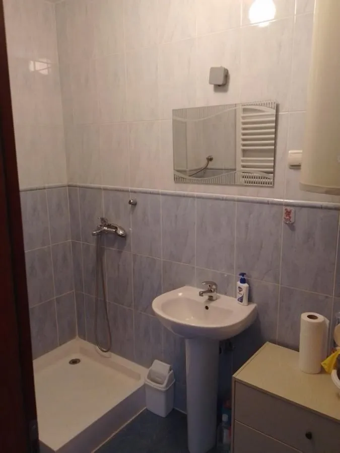 Manje kupatilo sa tuš kabinom, umivaonikom i ogledalom.
