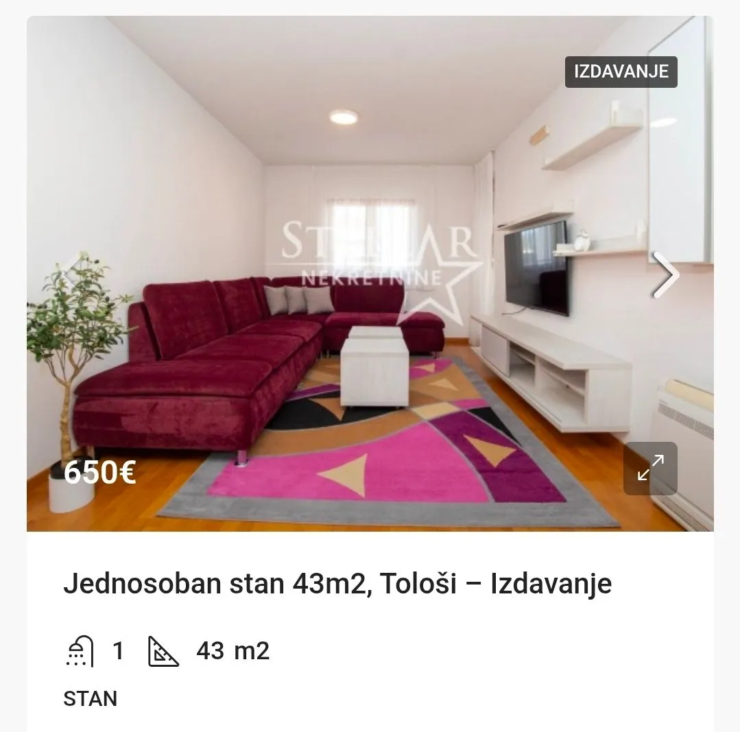 Izdavanje, jednosoban stan, 43m², Tološi, Podgorica