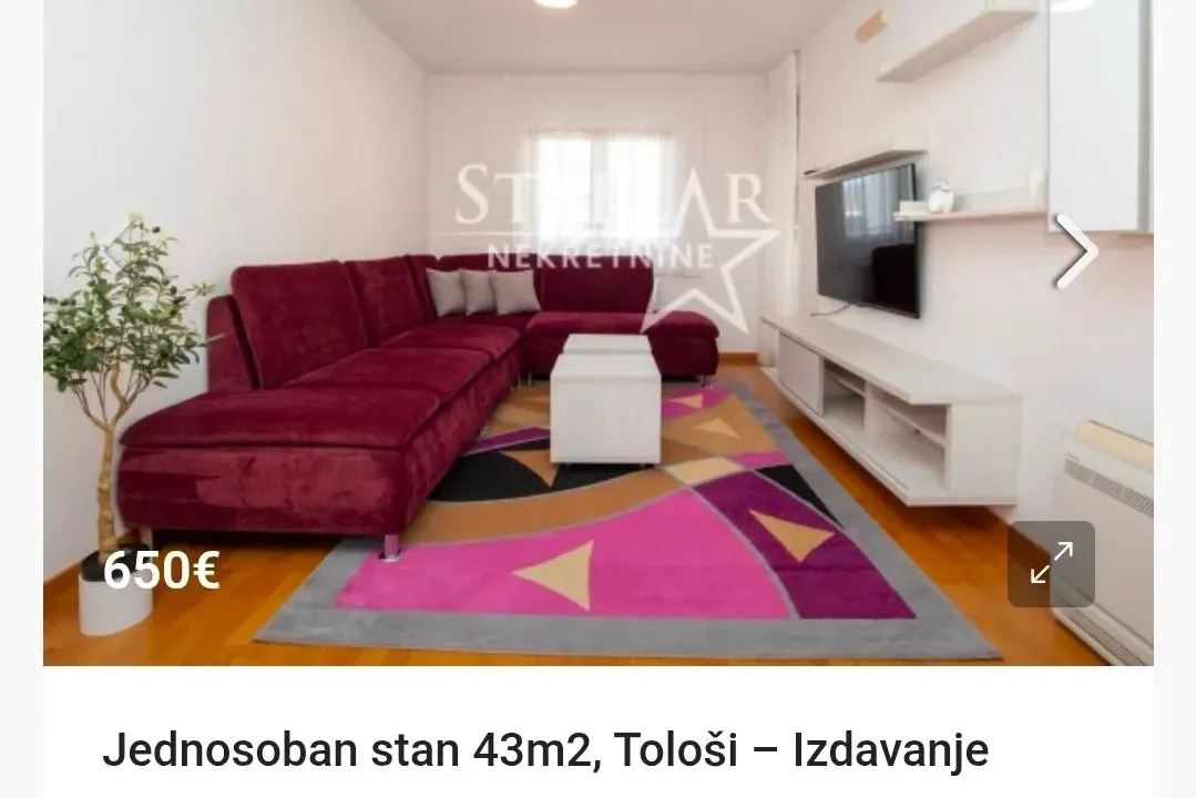 Izdavanje, jednosoban stan, 43m², Tološi, Podgorica