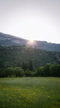Pogled na zelenu livadu i planine u pozadini tokom zalaska sunca. - image 3