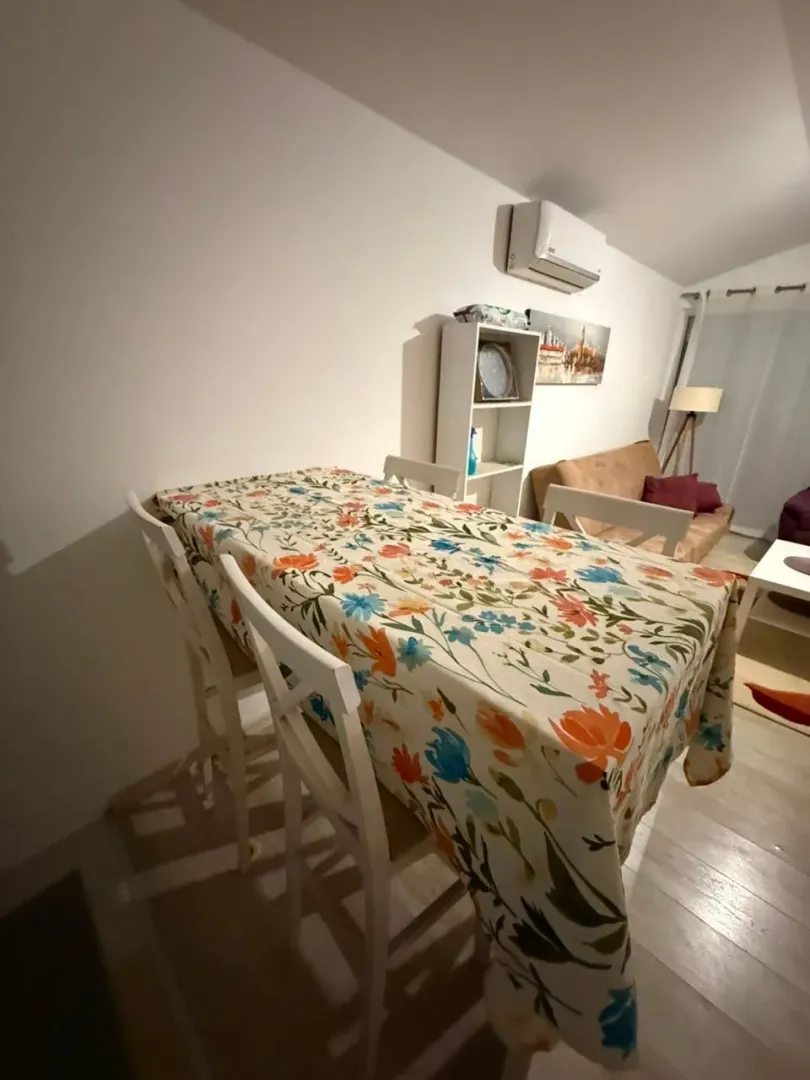 Living room with a dining table and a sofa.