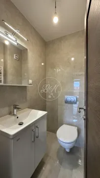 Moderno kupatilo obloženo keramičkim pločicama sa umivaonikom i toaletom. - image 9