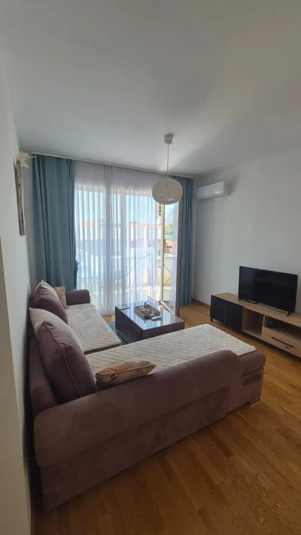Living room with a sofa, TV stand, and access to the terrace.