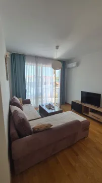 Living room with a sofa, TV stand, and access to the terrace. - image 13