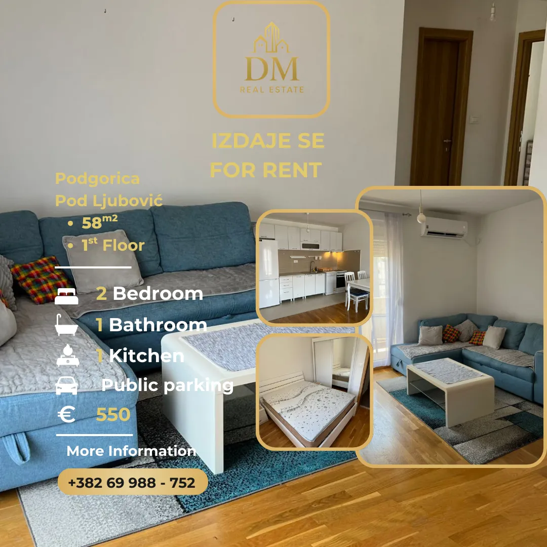 Rent, two bedroom apartment, 58m², Ljubović, Podgorica
