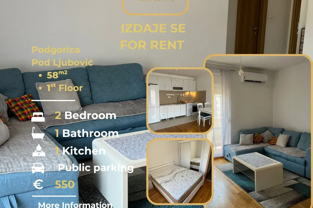 Rent, two bedroom apartment, 58m², Ljubović, Podgorica