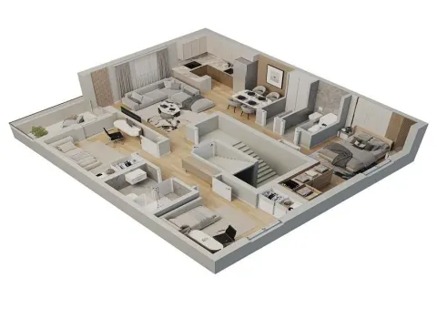 Trodimenzionalni 3D prikaz rasporeda prostorija u stanu sa nameštajem. - image 3