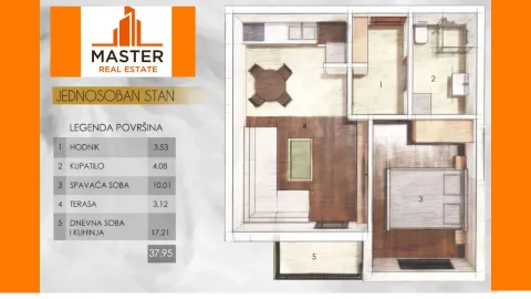 Floor plan of a one-bedroom apartment with room layout and areas. - image 4