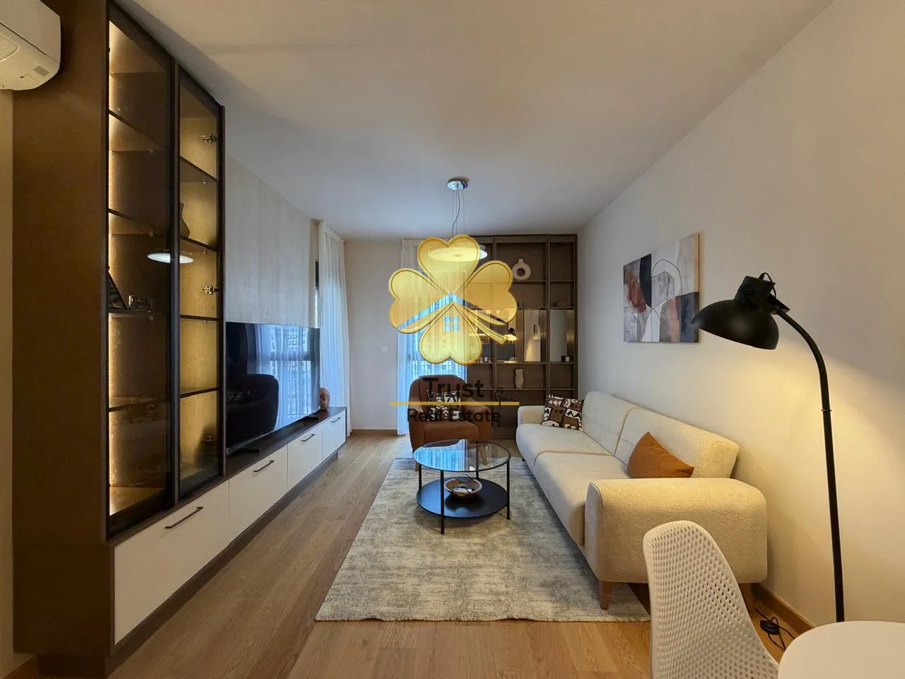 Modernly furnished living room with a sofa and TV unit.