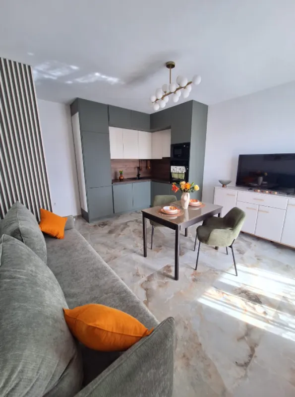 Open-plan living room with kitchen and dining area.