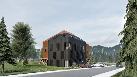Spoljašnji izgled moderne stambene zgrade okružene zelenilom i planinskim pejzažem. - image 4