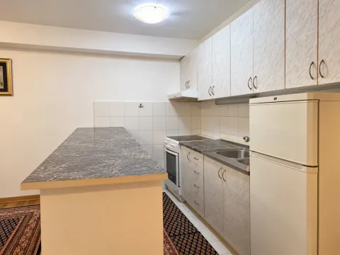 Kuhinja sa belim elementima, frižiderom i šankom. - image 8