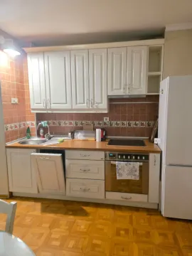 Manja kuhinja sa bijelim elementima, drvenom radnom površinom i ugradnim aparatima. - image 5
