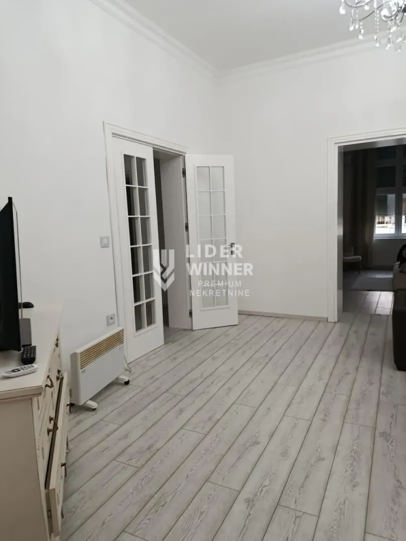 Dnevna soba sa svetlim zidovima, drvenim podom i dvokrilnim vratima.