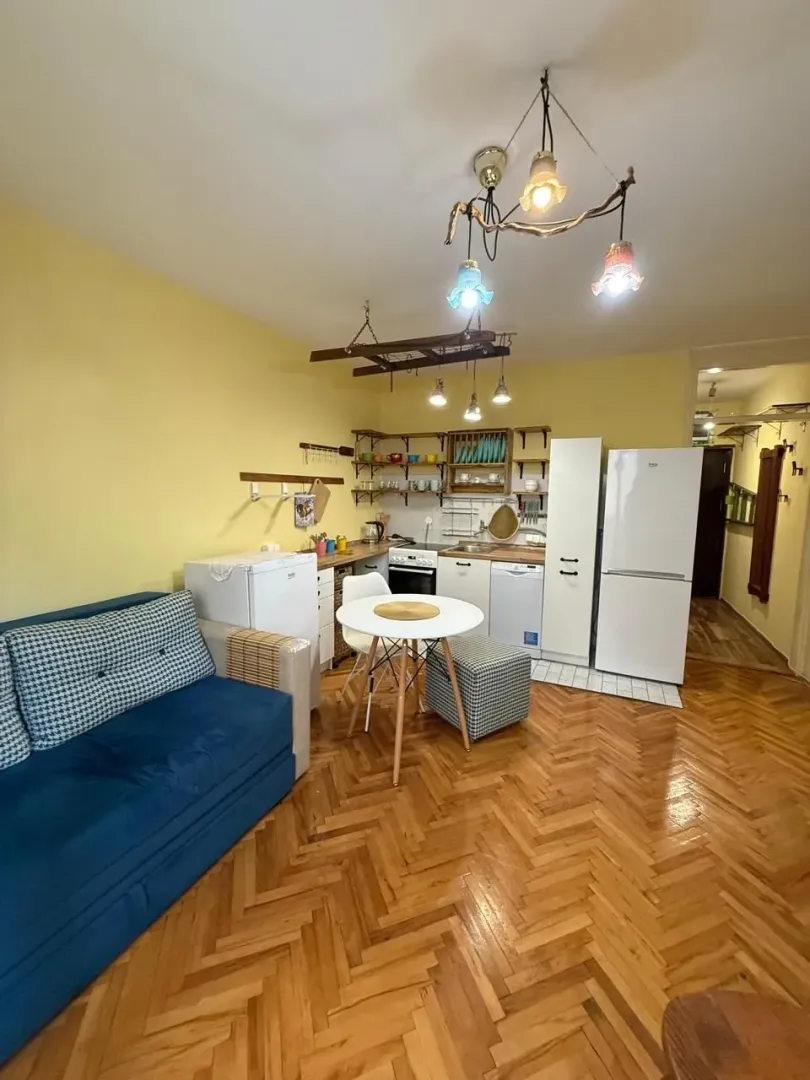 Open-plan living room with dining area, kitchen, and wooden flooring.