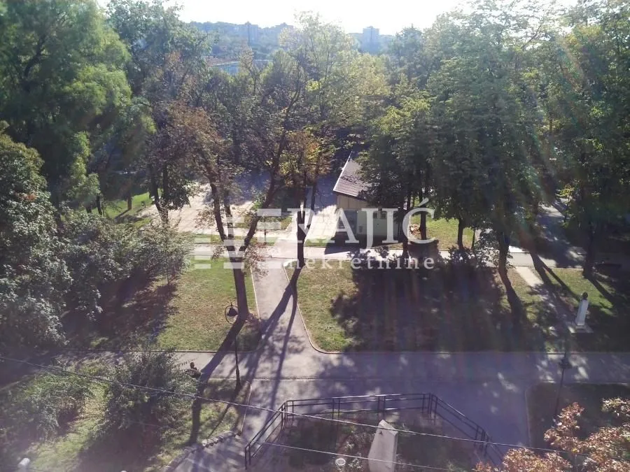 View from the terrace overlooking green space and trees.