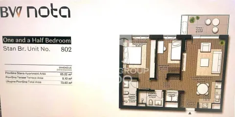 Osma spratna osnova dvosobnog stana sa rasporedom prostorija i površinama. - image 12