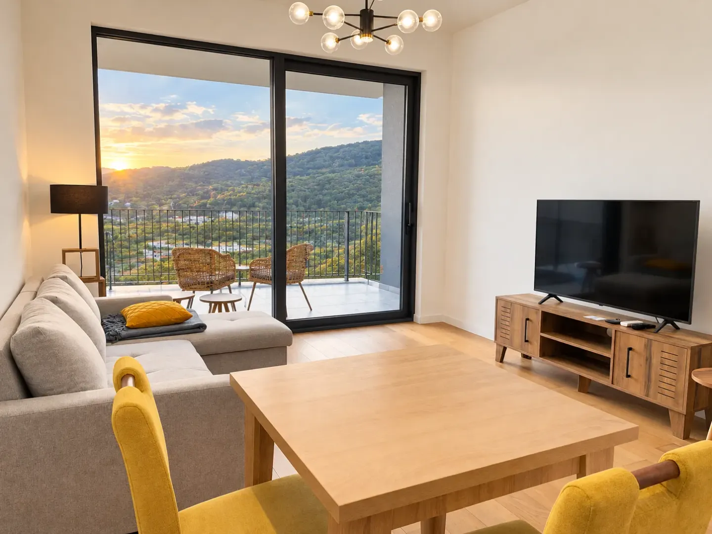 Modern living room with a sofa, TV, and access to a terrace with a nature view.