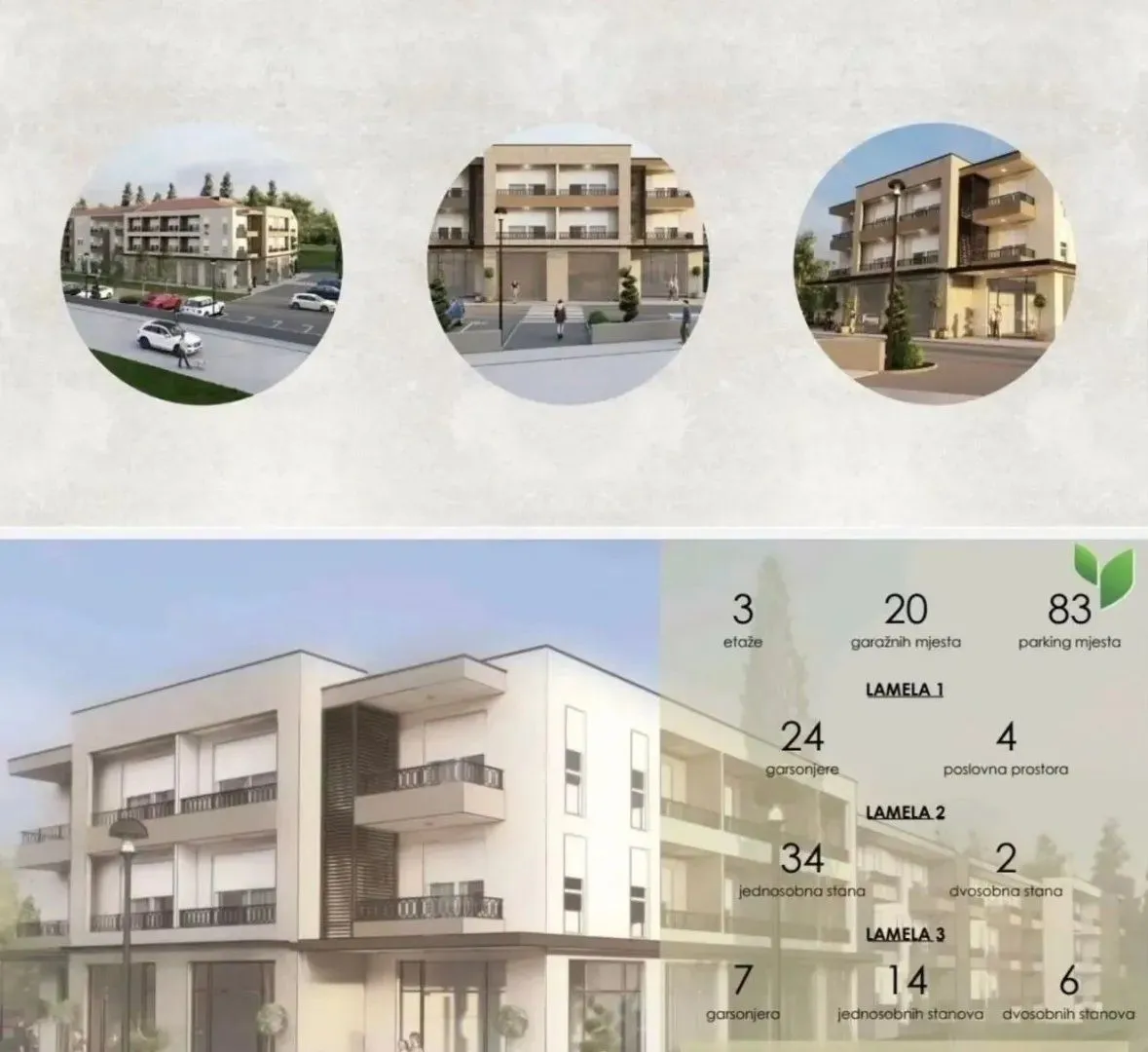 Exterior view of the residential building with visual renderings and information about the building structure.