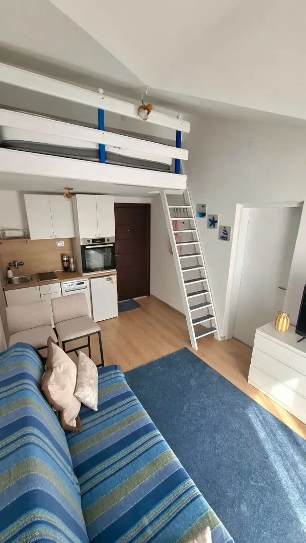 Living room with a kitchen and a sleeping gallery.