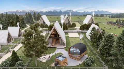 Aerial view of a complex of modern A-frame houses in nature with a mountain landscape. - image 7