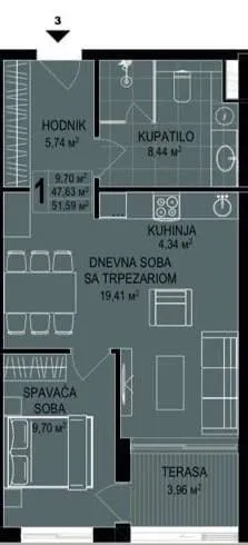 Sale, one bedroom apartment, 52m², Bečići, Budva