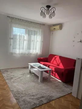 A bright living room with a red sofa, coffee table, and rug. - image 11