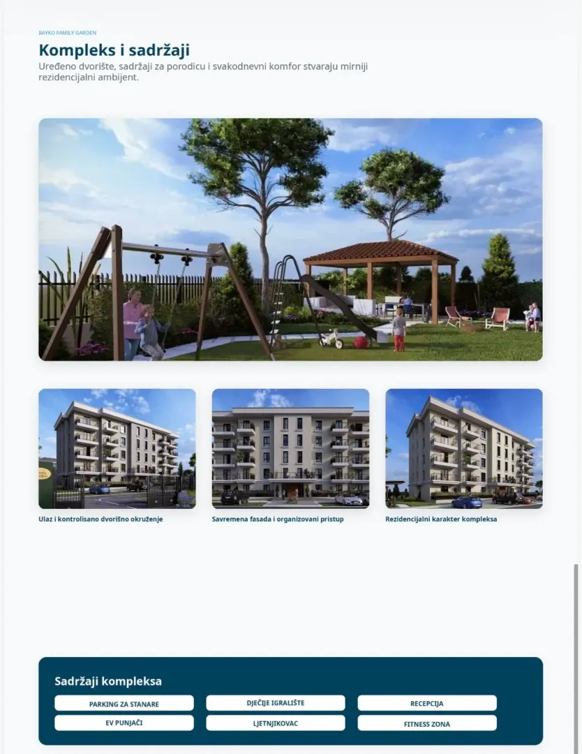 Prikaz eksterijera kompleksa sa uređenim dvorištem, dječijim igralištem i fasadom zgrade.