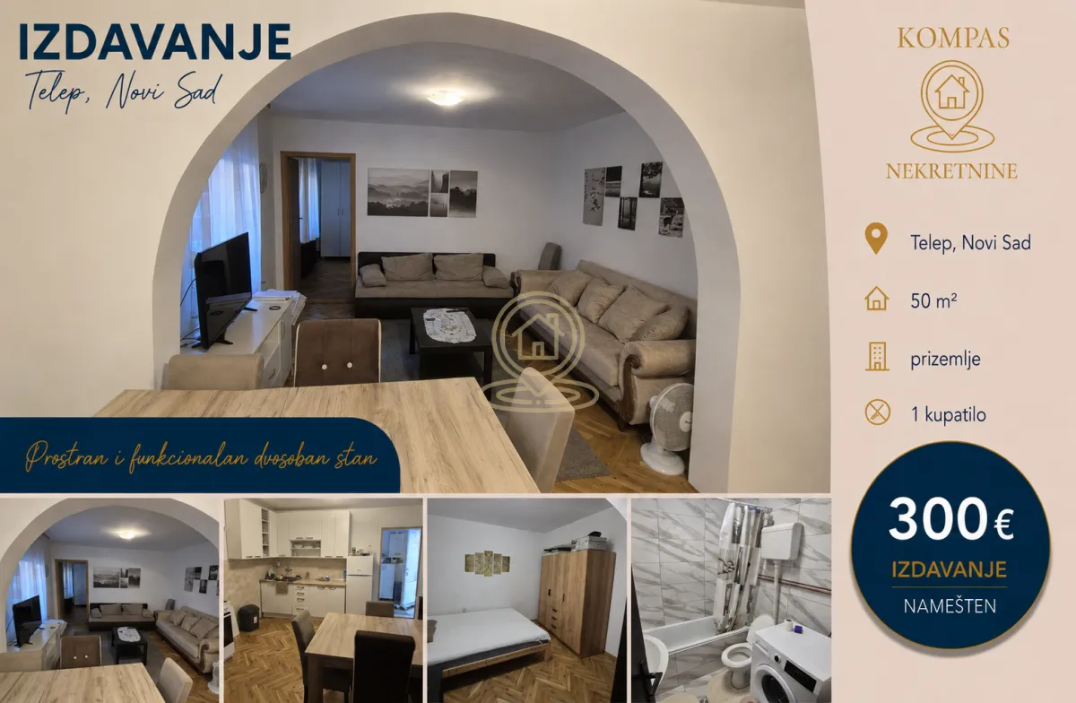 Izdavanje, dvosoban stan, 50m², Telep, Novi Sad Sve Podlokacije