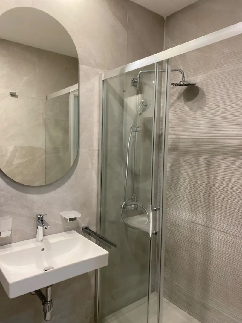 Modern bathroom with a sink, mirror, and shower enclosure.