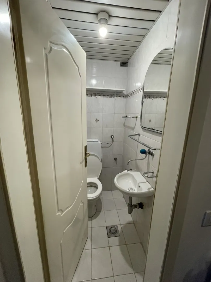 A simple bathroom with a toilet and a sink.