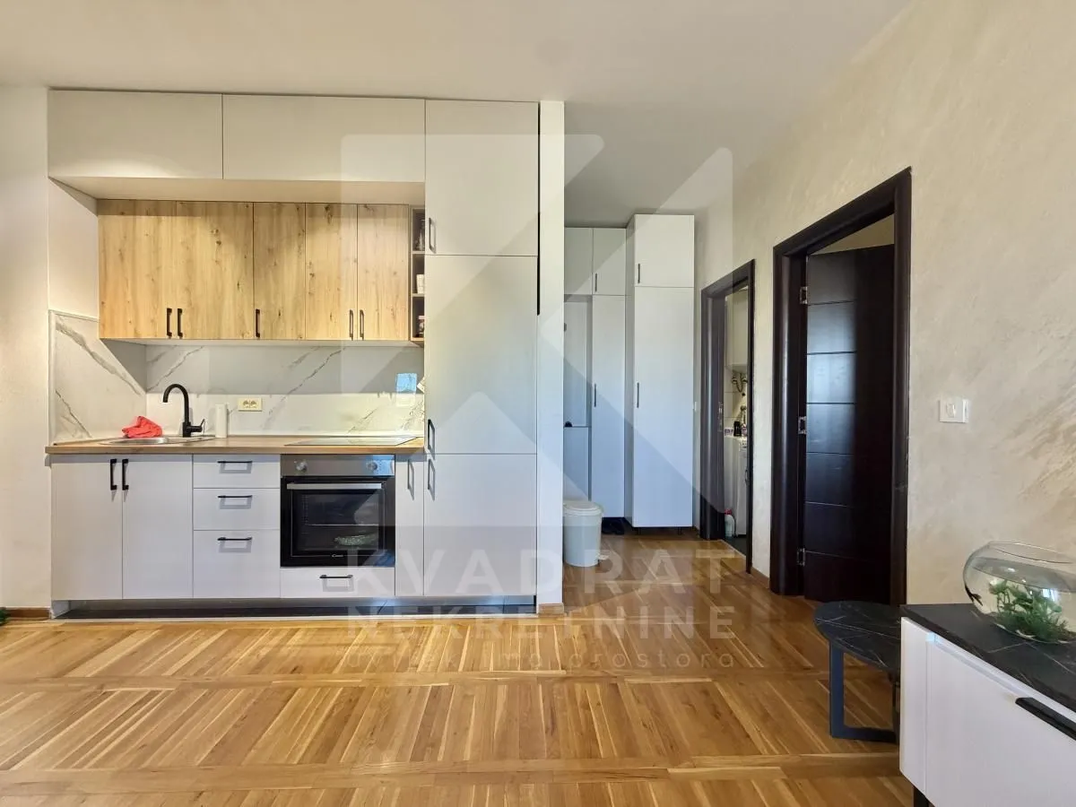 Small kitchen with wooden elements within the apartment.
