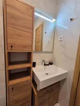 Modern bathroom with a sink, mirror and wooden cabinets. - image 24