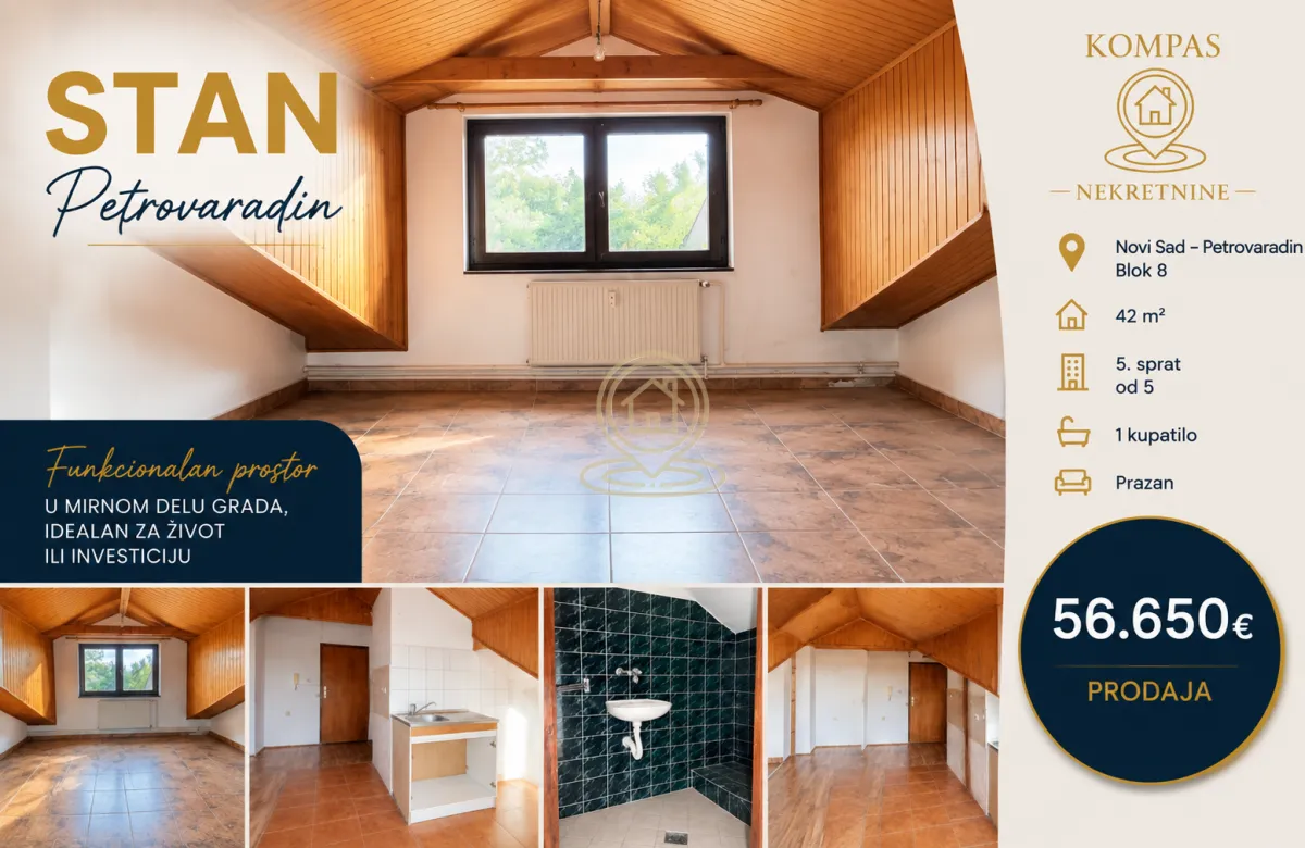 Reklamni oglas za stan u potkrovlju sa više fotografija enterijera i osnovnim informacijama.