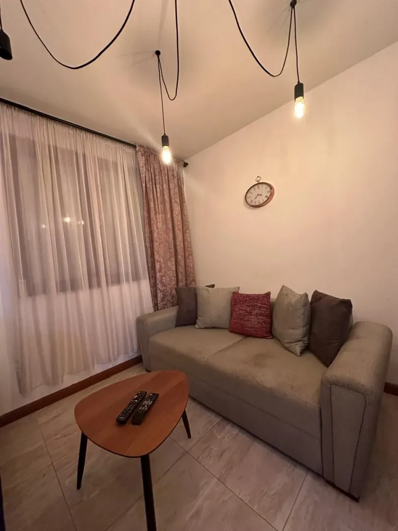 Small living room with a sofa, coffee table, and window with curtains.